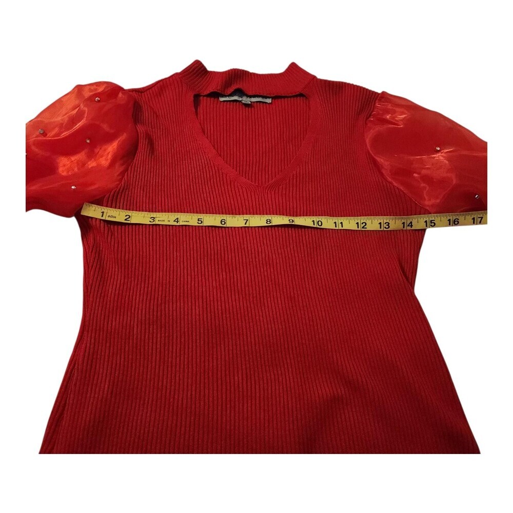 Almost Famous Sweater Womens M Red Cutout Sheer Puff Sleeve Rhinestone Top - Picture 11 of 12